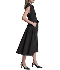 DKNY By Donna Karan Cap Sleeve Collared Neck Tie Waist Midi Shirt Dress