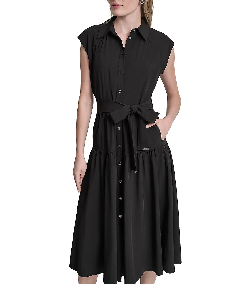 DKNY By Donna Karan Cap Sleeve Collared Neck Tie Waist Midi Shirt Dress