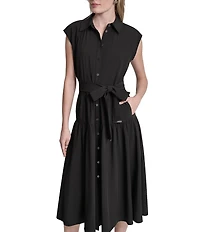DKNY By Donna Karan Cap Sleeve Collared Neck Tie Waist Midi Shirt Dress