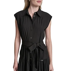 DKNY By Donna Karan Cap Sleeve Collared Neck Tie Waist Midi Shirt Dress