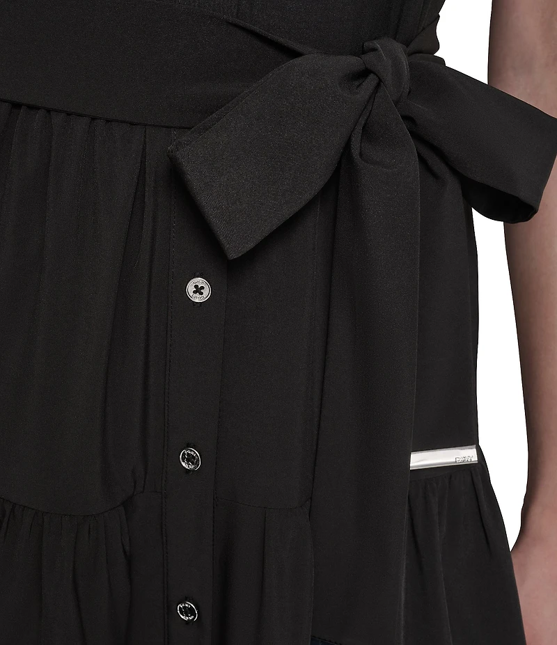DKNY By Donna Karan Cap Sleeve Collared Neck Tie Waist Midi Shirt Dress