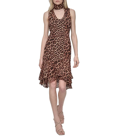 DKNY by Donna Karan Cheetah Print Chiffon V-Neck Sleeveless Scarf Neck Tie Fit And Flare Dress