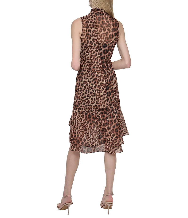 DKNY by Donna Karan Cheetah Print Chiffon V-Neck Sleeveless Scarf Neck Tie Fit And Flare Dress
