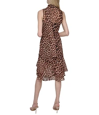DKNY by Donna Karan Cheetah Print Chiffon V-Neck Sleeveless Scarf Neck Tie Fit And Flare Dress
