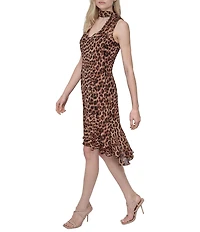 DKNY by Donna Karan Cheetah Print Chiffon V-Neck Sleeveless Scarf Neck Tie Fit And Flare Dress