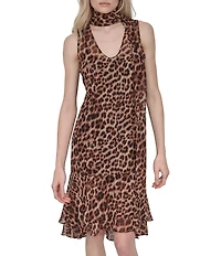 DKNY by Donna Karan Cheetah Print Chiffon V-Neck Sleeveless Scarf Neck Tie Fit And Flare Dress