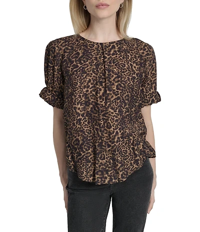 DKNY by Donna Karan Cheetah Print Crew Neck Rolled Puff Sleeve Blouse