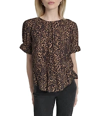 DKNY by Donna Karan Cheetah Print Crew Neck Rolled Puff Sleeve Blouse