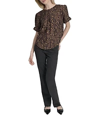 DKNY by Donna Karan Cheetah Print Crew Neck Rolled Puff Sleeve Blouse
