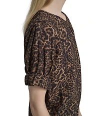 DKNY by Donna Karan Cheetah Print Crew Neck Rolled Puff Sleeve Blouse