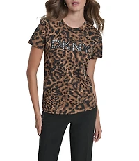DKNY by Donna Karan Cheetah Print Crew Neck Short Sleeve Logo Tee