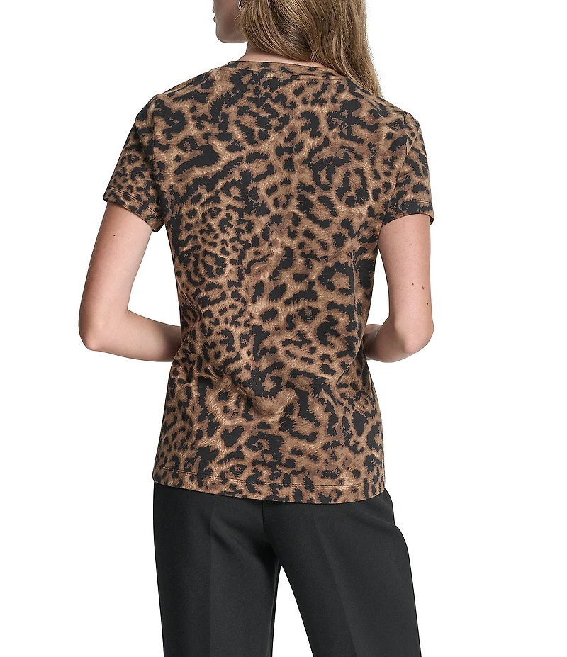DKNY by Donna Karan Cheetah Print Crew Neck Short Sleeve Logo Tee