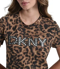 DKNY by Donna Karan Cheetah Print Crew Neck Short Sleeve Logo Tee