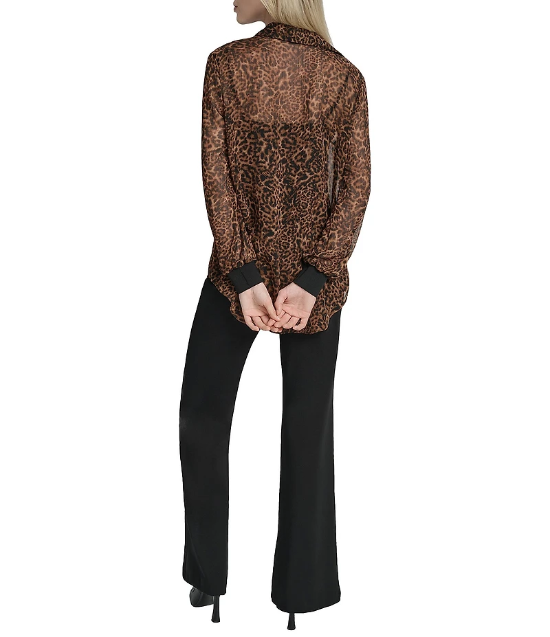 DKNY by Donna Karan Cheetah Print Crinkle Chiffon Long Sleeve Collared Button Front Blouse