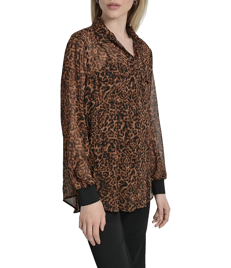 DKNY by Donna Karan Cheetah Print Crinkle Chiffon Long Sleeve Collared Button Front Blouse