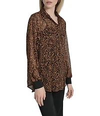 DKNY by Donna Karan Cheetah Print Crinkle Chiffon Long Sleeve Collared Button Front Blouse