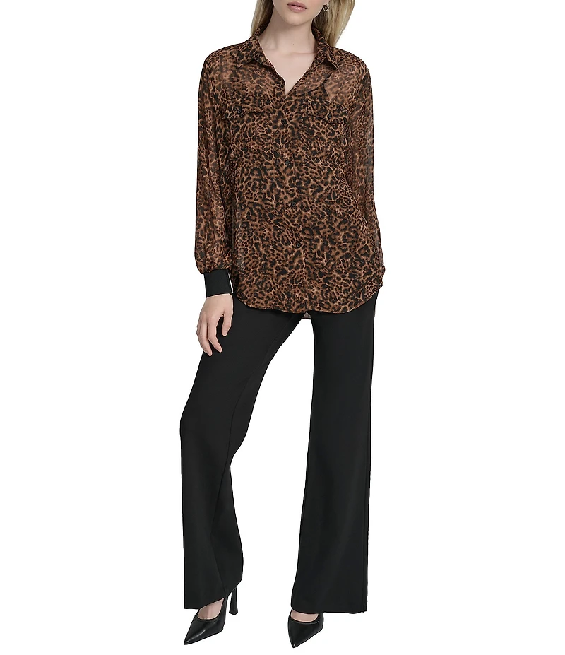 DKNY by Donna Karan Cheetah Print Crinkle Chiffon Long Sleeve Collared Button Front Blouse