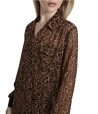 DKNY by Donna Karan Cheetah Print Crinkle Chiffon Long Sleeve Collared Button Front Blouse