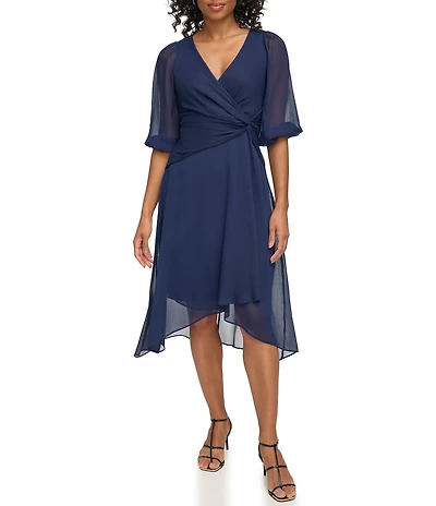 DKNY by Donna Karan Chiffon 3/4 Balloon Sleeve Asymmetrical Skirt Midi Dress