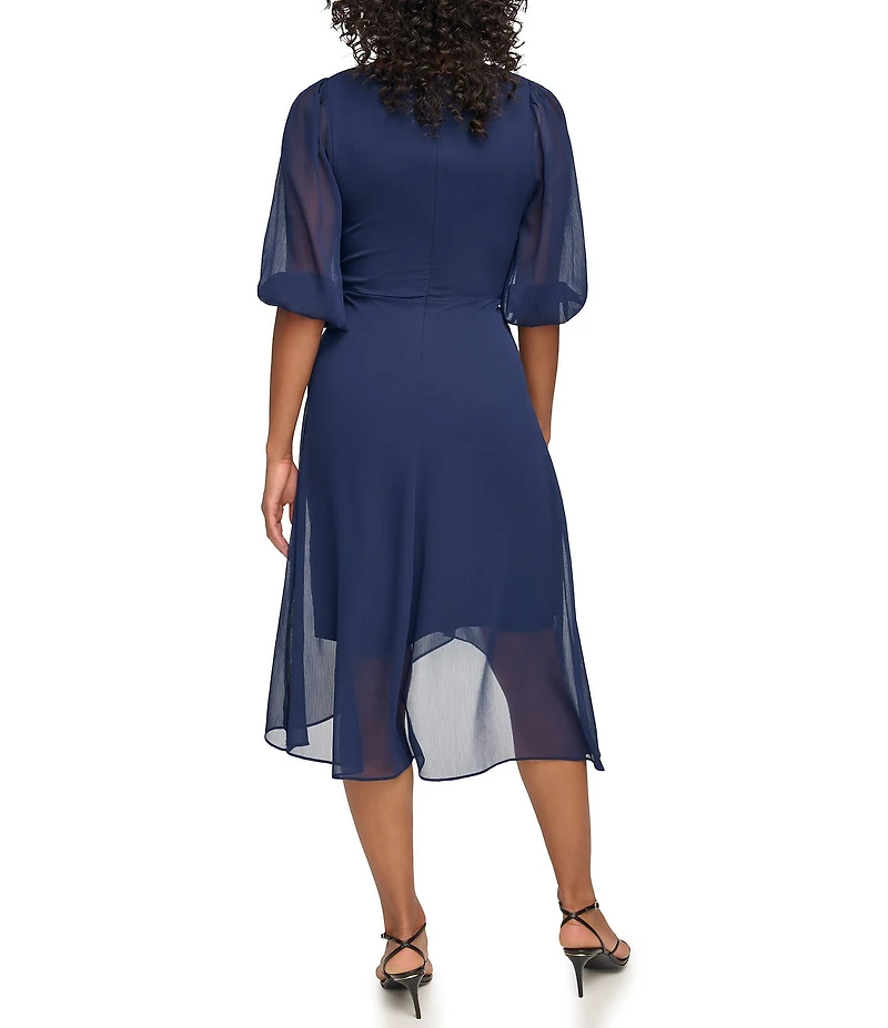 DKNY by Donna Karan Chiffon 3/4 Balloon Sleeve Asymmetrical Skirt Midi Dress