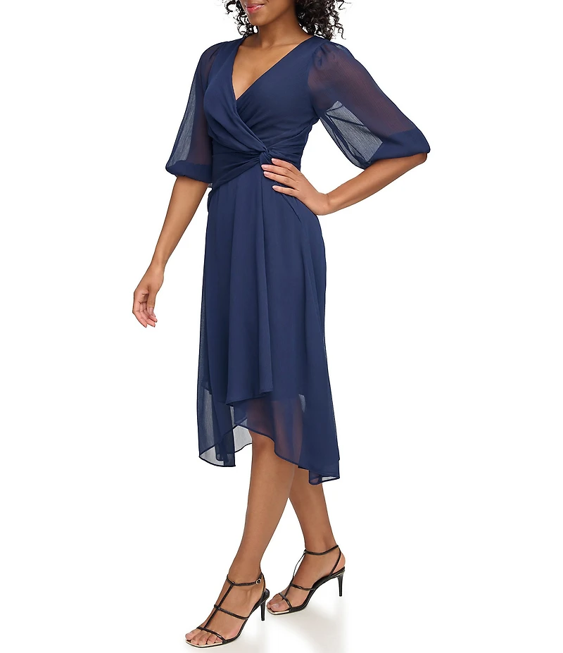 DKNY by Donna Karan Chiffon 3/4 Balloon Sleeve Asymmetrical Skirt Midi Dress