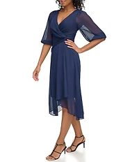 DKNY by Donna Karan Chiffon 3/4 Balloon Sleeve Asymmetrical Skirt Midi Dress