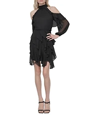 DKNY by Donna Karan Chiffon Cold Shoulder Tiered Ruffle Mock Neck Dress