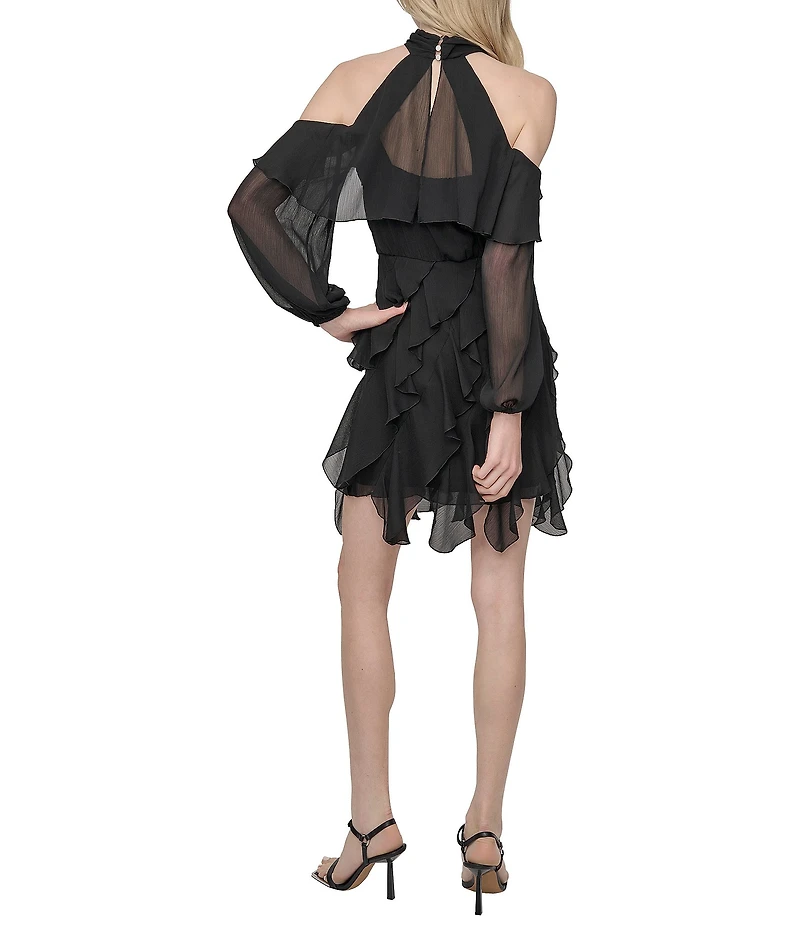 DKNY by Donna Karan Chiffon Cold Shoulder Tiered Ruffle Mock Neck Dress