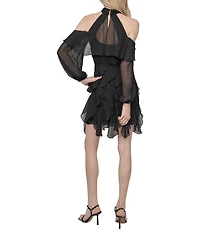 DKNY by Donna Karan Chiffon Cold Shoulder Tiered Ruffle Mock Neck Dress