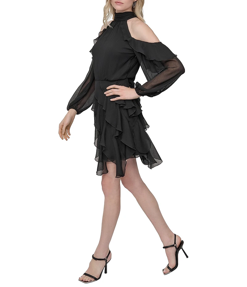 DKNY by Donna Karan Chiffon Cold Shoulder Tiered Ruffle Mock Neck Dress