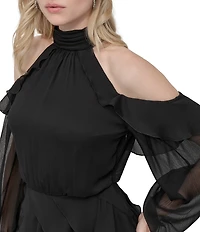 DKNY by Donna Karan Chiffon Cold Shoulder Tiered Ruffle Mock Neck Dress