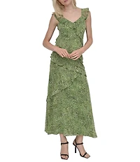 DKNY by Donna Karan Chiffon Dotted Print V Neck Sleeveless Ruffle Sheath Dress