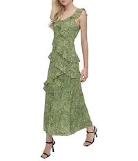 DKNY by Donna Karan Chiffon Dotted Print V Neck Sleeveless Ruffle Sheath Dress