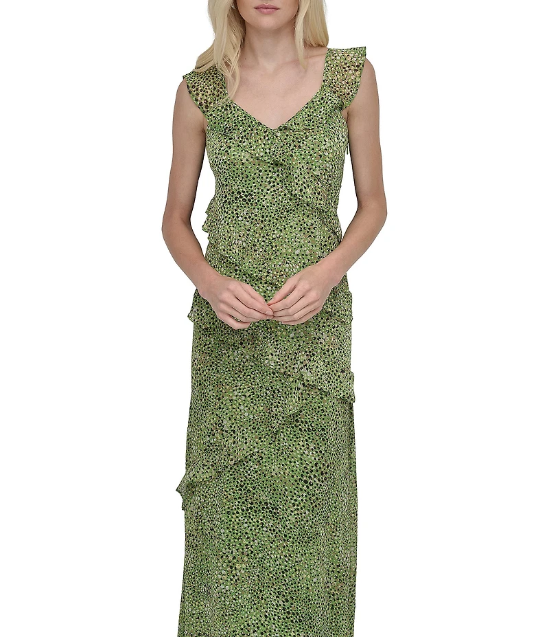 DKNY by Donna Karan Chiffon Dotted Print V Neck Sleeveless Ruffle Sheath Dress