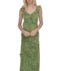 DKNY by Donna Karan Chiffon Dotted Print V Neck Sleeveless Ruffle Sheath Dress