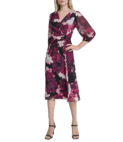 DKNY by Donna Karan Chiffon Floral Print Bubble Sleeve Midi Dress