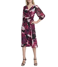DKNY by Donna Karan Chiffon Floral Print Bubble Sleeve Midi Dress