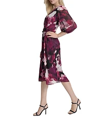 DKNY by Donna Karan Chiffon Floral Print Bubble Sleeve Midi Dress