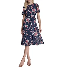 DKNY by Donna Karan Chiffon Floral Print Short Sleeve Jewel Neck Belted Midi Dress