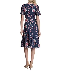 DKNY by Donna Karan Chiffon Floral Print Short Sleeve Jewel Neck Belted Midi Dress