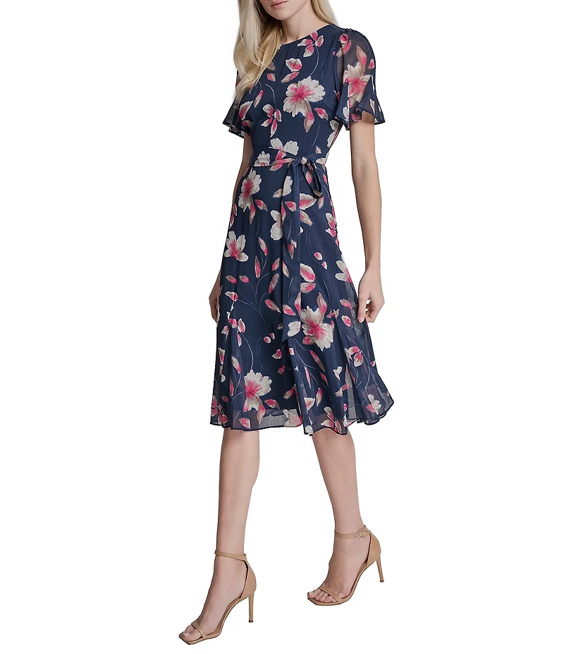 DKNY by Donna Karan Chiffon Floral Print Short Sleeve Jewel Neck Belted Midi Dress