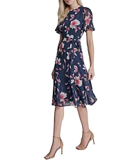 DKNY by Donna Karan Chiffon Floral Print Short Sleeve Jewel Neck Belted Midi Dress