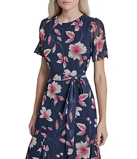 DKNY by Donna Karan Chiffon Floral Print Short Sleeve Jewel Neck Belted Midi Dress