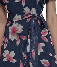 DKNY by Donna Karan Chiffon Floral Print Short Sleeve Jewel Neck Belted Midi Dress