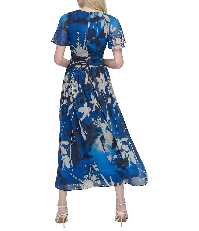 DKNY by Donna Karan Chiffon Floral Print V Neck Short Sleeve Sheath Maxi Dress