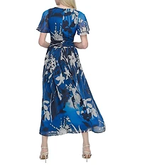 DKNY by Donna Karan Chiffon Floral Print V Neck Short Sleeve Sheath Maxi Dress