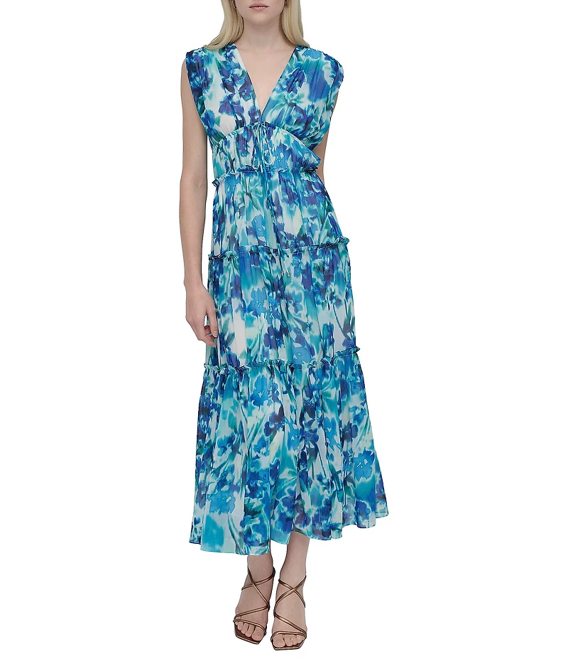 DKNY by Donna Karan Chiffon Floral Print V Neck Sleeveless Sheath Maxi Dress