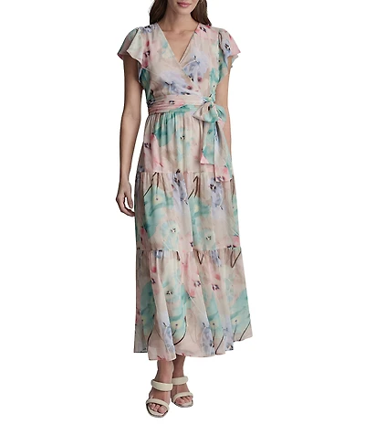DKNY by Donna Karan Chiffon Floral Tiered V-Neck Short Flutter Sleeve Maxi Dress