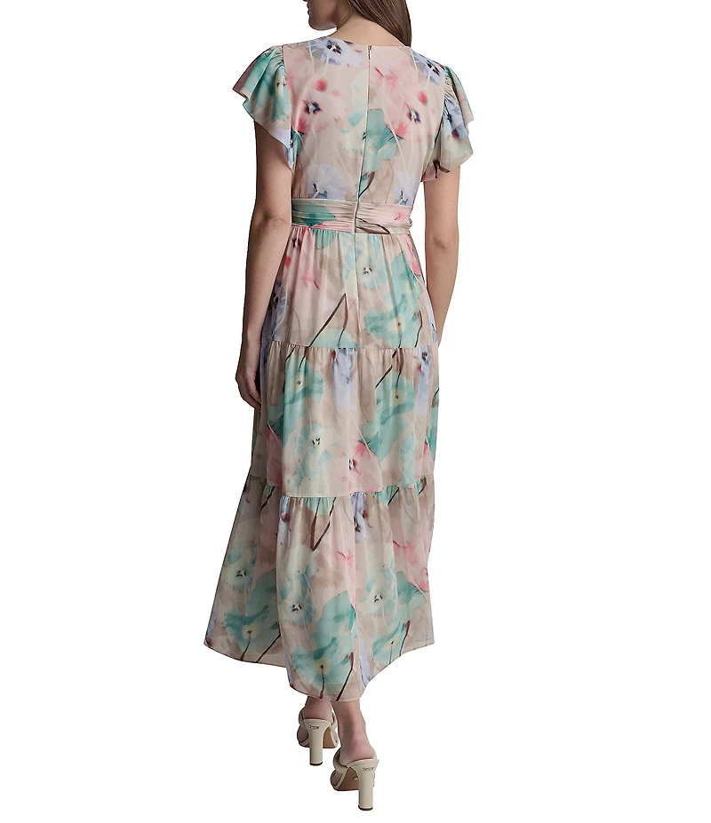 DKNY by Donna Karan Chiffon Floral Tiered V-Neck Short Flutter Sleeve Maxi Dress