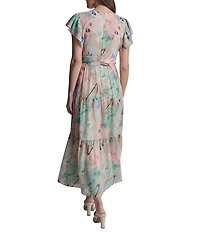 DKNY by Donna Karan Chiffon Floral Tiered V-Neck Short Flutter Sleeve Maxi Dress
